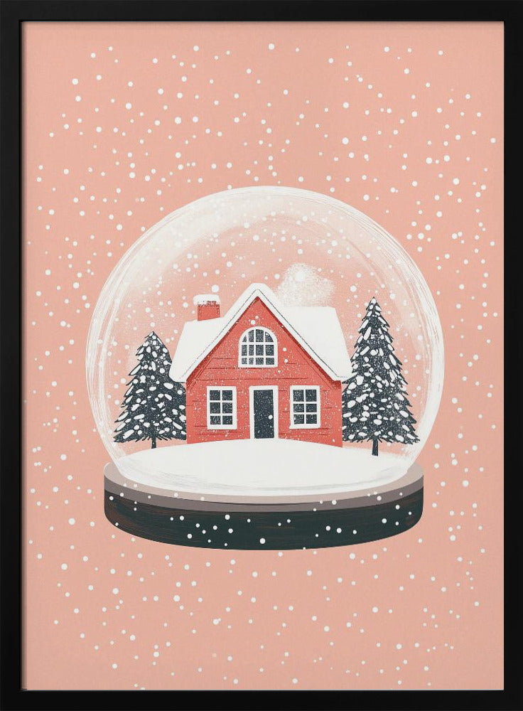 A charming illustration of a snow globe with a red house and two pine trees inside, all covered in snow. The snow globe is set against a soft pink background with white dots falling like snow, enclosed in a thin black frame. Poster