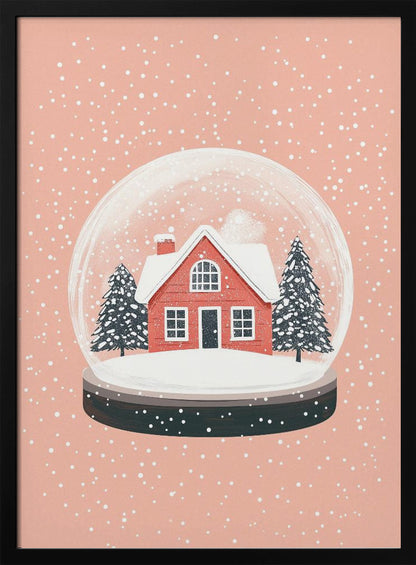 A charming illustration of a snow globe with a red house and two pine trees inside, all covered in snow. The snow globe is set against a soft pink background with white dots falling like snow, enclosed in a thin black frame. Poster