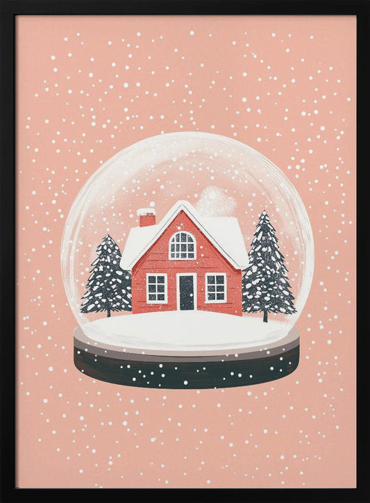 A charming illustration of a snow globe with a red house and two pine trees inside, all covered in snow. The snow globe is set against a soft pink background with white dots falling like snow, enclosed in a thin black frame. Poster
