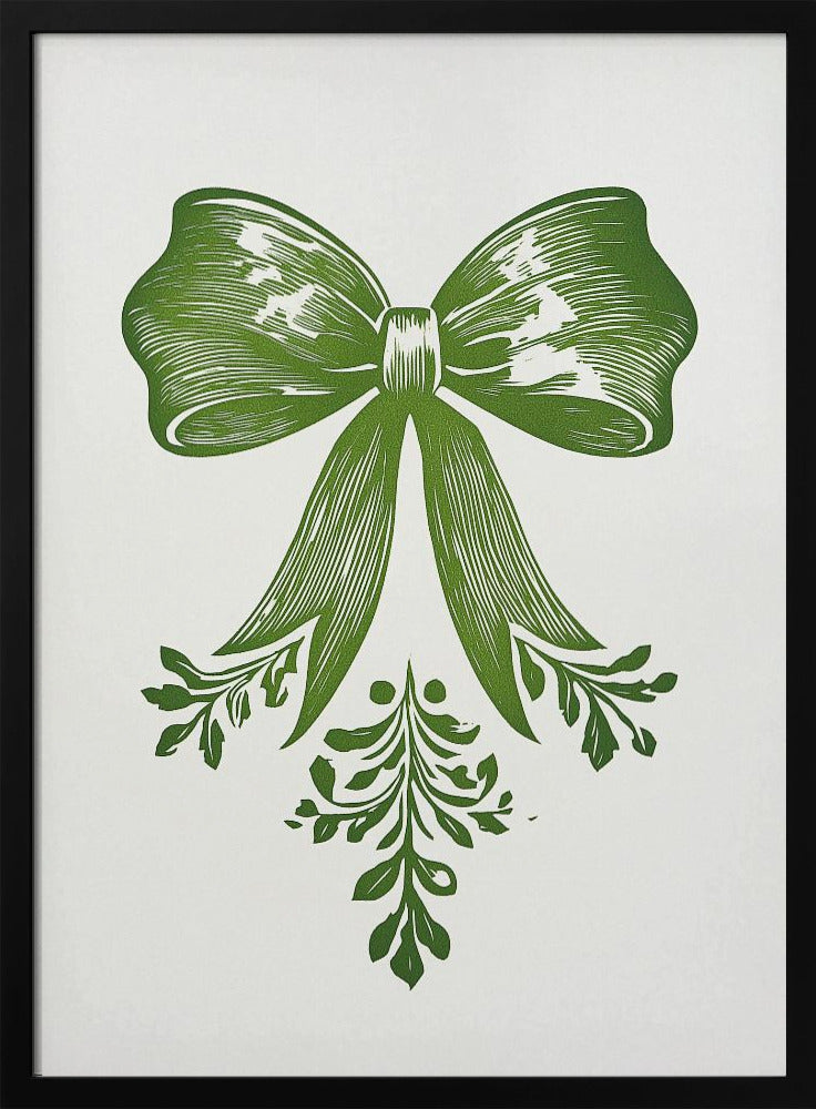 A vintage-style linocut print of a large green bow with leafy accents on a white background, enclosed in a thin black frame. The bow is detailed with lines suggesting texture and shadow, and foliage hangs from its ribbons. Artwork