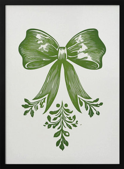 A vintage-style linocut print of a large green bow with leafy accents on a white background, enclosed in a thin black frame. The bow is detailed with lines suggesting texture and shadow, and foliage hangs from its ribbons. Artwork