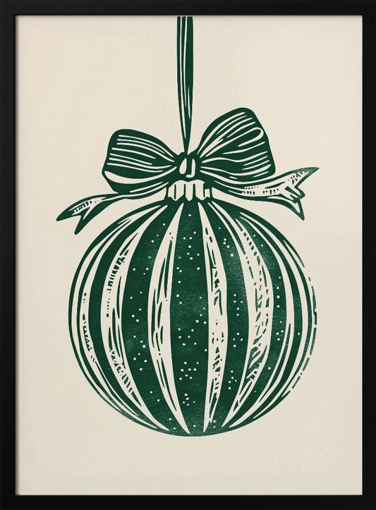A vintage-style linocut print of a dark green Christmas bauble with a large bow, hanging against a cream background. The ornament features vertical stripes and white speckles, and the entire artwork is presented in a simple black frame. Artwork