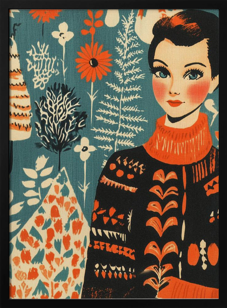A vintage-style illustration of a woman with short dark hair and blue eyes wearing a black and orange patterned turtleneck sweater. The background is a teal color with a folk art pattern of flowers and plants in orange, white, and black. Poster