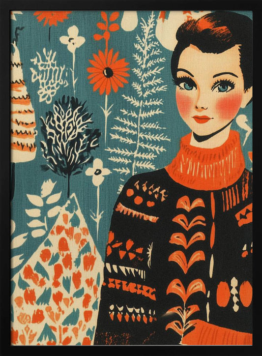 A vintage-style illustration of a woman with short dark hair and blue eyes wearing a black and orange patterned turtleneck sweater. The background is a teal color with a folk art pattern of flowers and plants in orange, white, and black. Poster