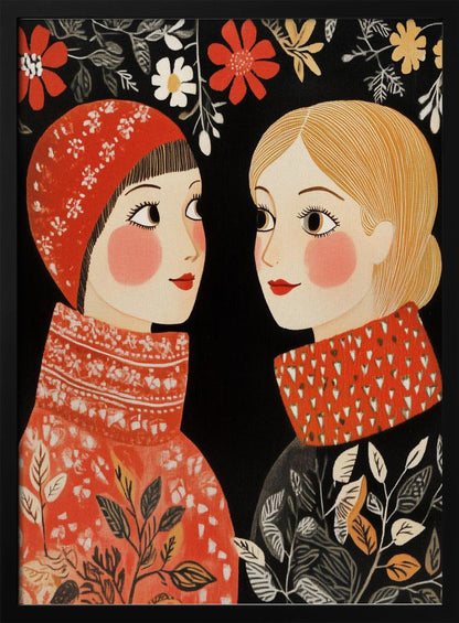 An illustrative folk art style portrait of two women facing each other against a black background. The woman on the left wears a red patterned cap and sweater, while the one on the right has blonde hair and a sweater with a red patterned collar. Red, white, and yellow flowers hang above them. Print