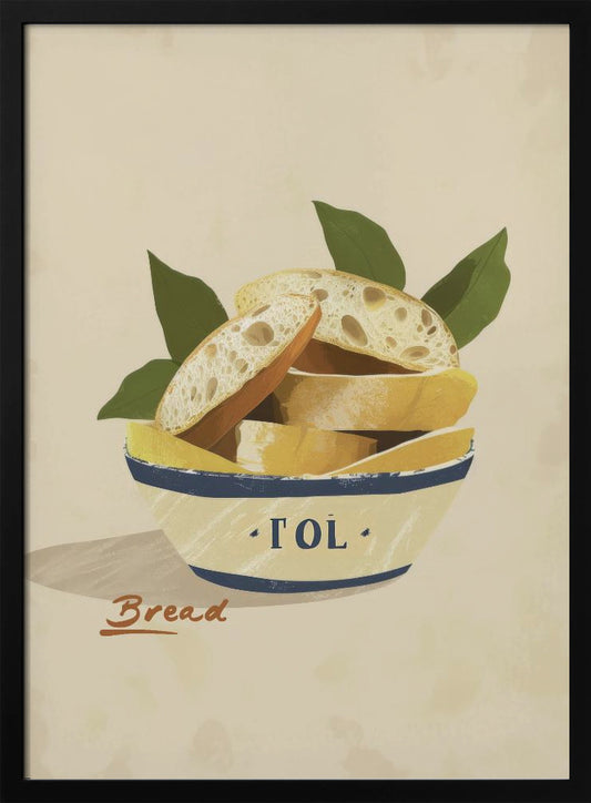 A poster or art print featuring a loaf of bread, possibly with a textured crust and a warm tone. Print
