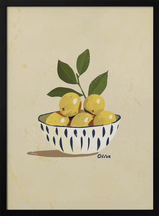 A framed still life illustration of a white bowl with a blue vertical dash pattern, filled with yellow lemons and a leafy green branch. The artwork is set against a textured, cream-colored background and is signed 'Olive' near the bowl. Print