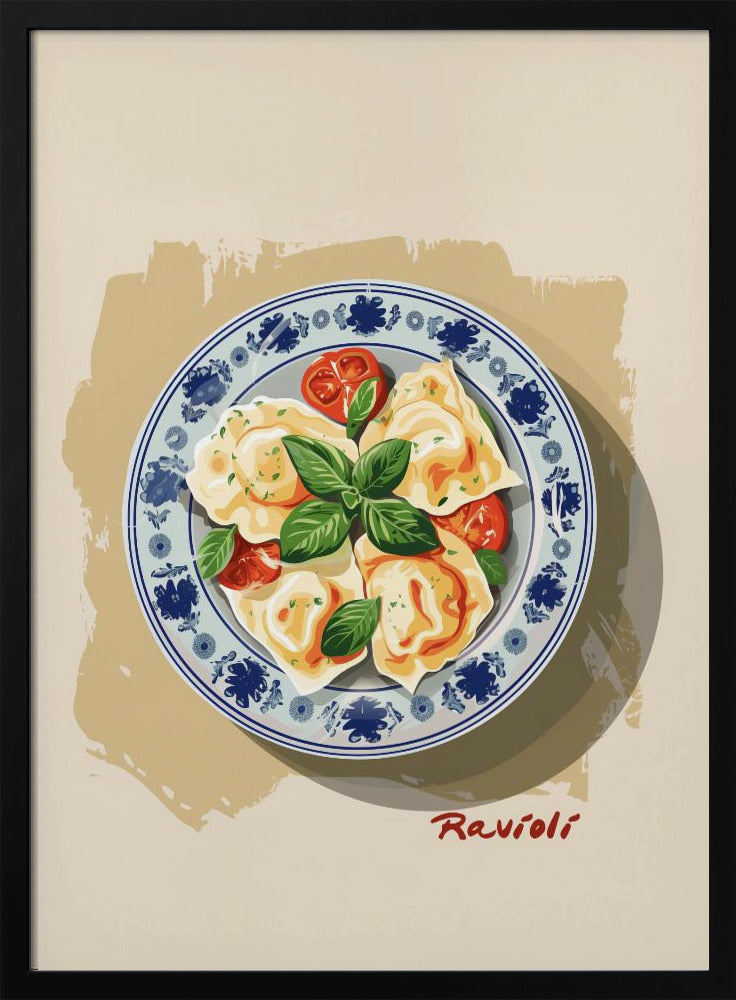 A vintage-style illustration of a plate of ravioli garnished with fresh basil and cherry tomatoes. The dish is served on a decorative blue and white patterned plate against a cream and beige background. The word 'Ravioli' is written in a cursive script at the bottom right. Print