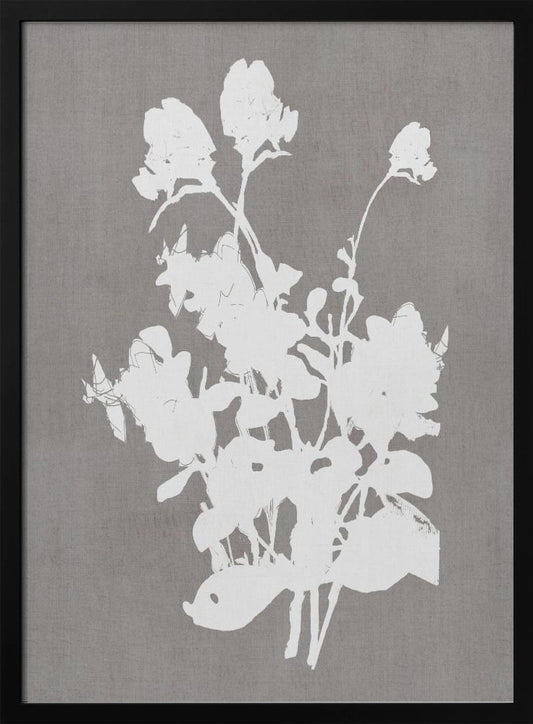 A minimalist piece of framed wall art featuring a stark white silhouette of a bouquet of flowers against a textured, solid gray background, enclosed in a thin black frame. Print