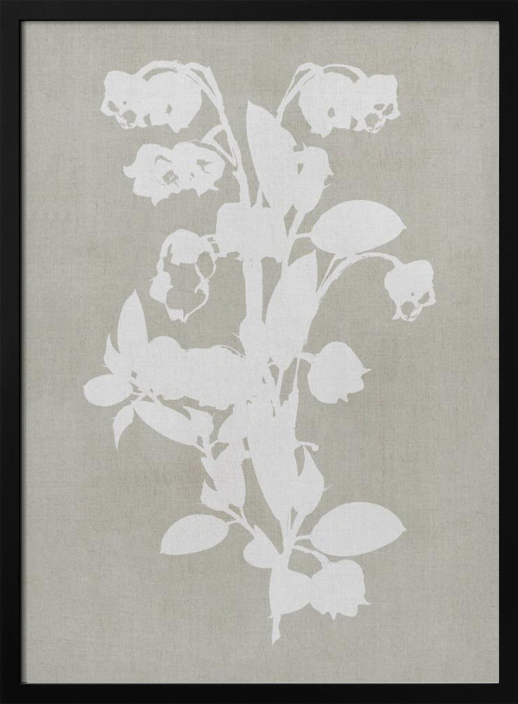 A minimalist botanical artwork in a black frame, showing a white silhouette of a Lily of the Valley stalk against a muted, textured grey-beige background. Wall Art