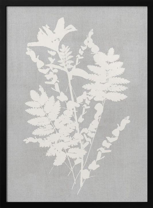 A framed artwork featuring a white silhouette of a botanical arrangement with ferns, flowers, and leaves against a textured light grey background. Decor