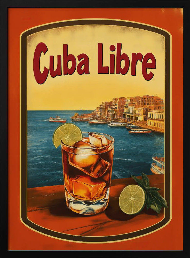 A vintage-style poster advertising a 'Cuba Libre' cocktail. In the foreground, a glass of the dark-colored drink with ice and a lime wedge sits on a wooden surface. In the background is a scenic view of a Cuban coastal city with boats in the blue harbor and a warm yellow sunset sky. Wall Art