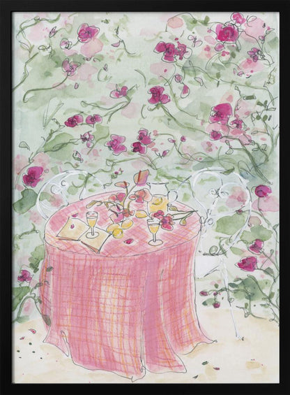 A whimsical watercolor illustration of a romantic garden scene. A table for two is set with a pink plaid tablecloth, glasses of wine, and scattered flowers, surrounded by white chairs and a backdrop of climbing pink roses. Poster