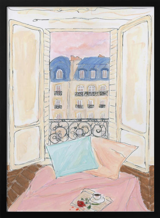 A watercolor illustration of a view from an open window in Paris. In the foreground, a cozy nook with a pink blanket, a blue pillow, a cup of coffee, and a red rose. Outside, traditional Parisian apartment buildings with blue mansard roofs are visible under a soft pink sky. Print
