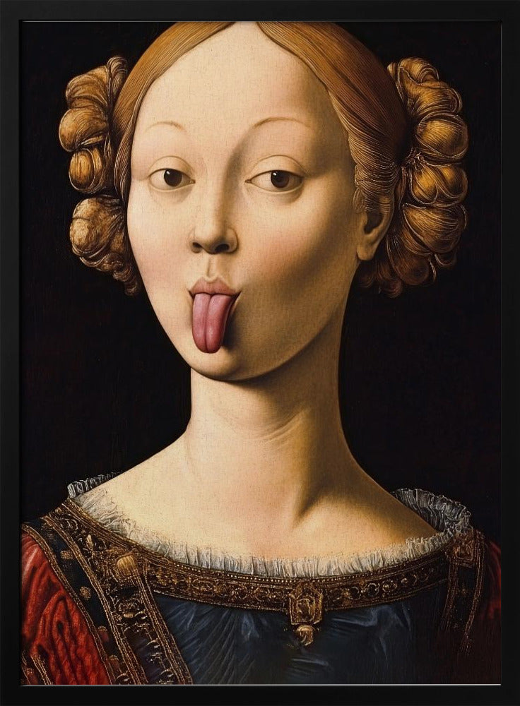 A Renaissance-style portrait of a woman with elaborate hair buns sticking her tongue out playfully. She wears a formal red and blue gown with gold trim against a stark black background. Poster