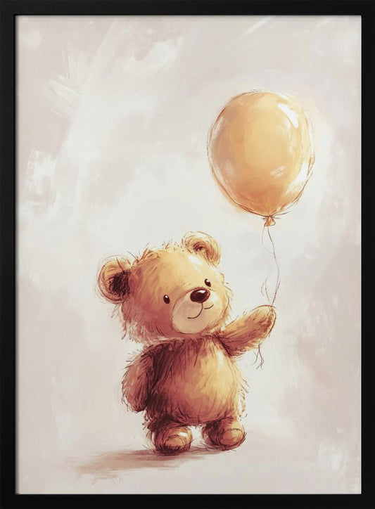 A charming watercolor-style illustration of a fluffy brown teddy bear standing and holding the string of a single yellow balloon against a soft, light beige background. Artwork
