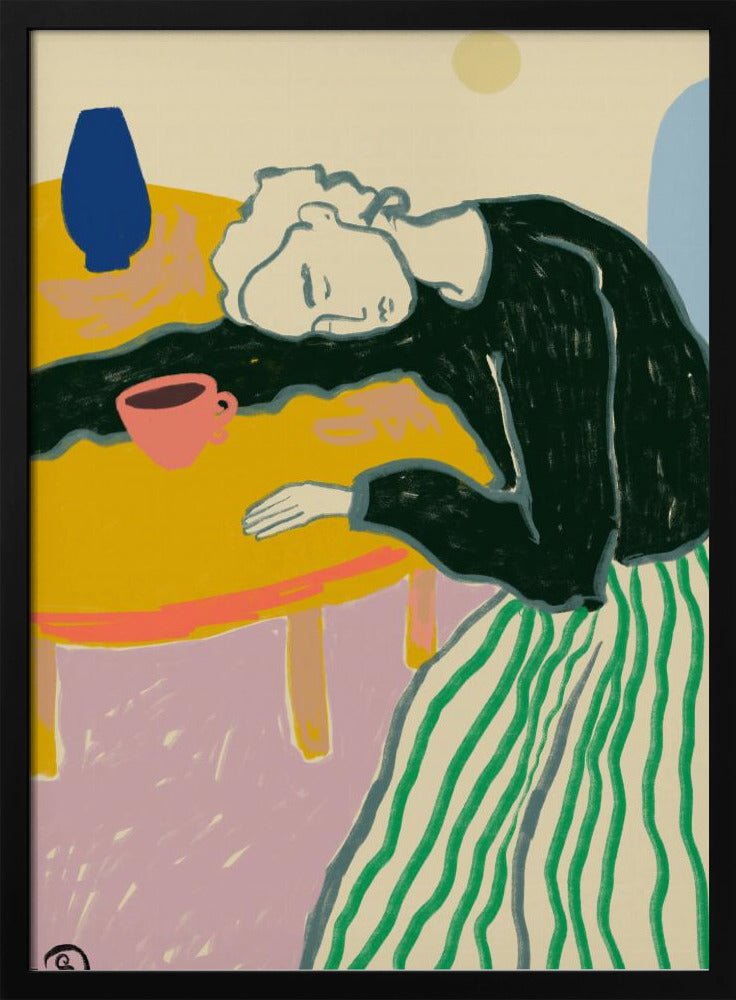 A colorful illustration of a person with light-colored hair wearing a dark shirt and a green striped skirt, resting their head on a bright yellow table. A pink cup and a blue vase are also on the table against a multi-colored background. Print