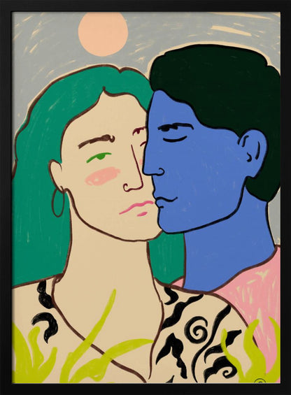 A modern art painting of a couple in an embrace. A woman with long green hair looks forward with a pensive expression, while a man with blue skin and dark hair leans in to kiss her cheek. The background is a soft blue with a pale pink sun, and green foliage is in the foreground. Artwork