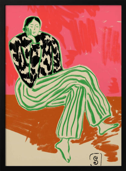 A colorful, stylized illustration of a person sitting in a relaxed, thoughtful pose with their head resting on their hand. They are wearing a black and white cow-patterned shirt and loose green-and-white striped pants. The background is a vibrant abstract blend of pink and red. Artwork