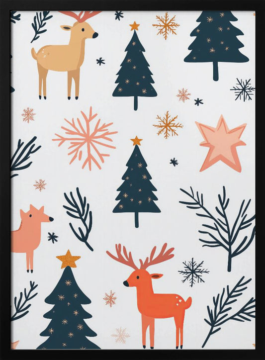 A festive holiday pattern on a white background featuring stylized illustrations of dark teal Christmas trees, orange and beige reindeer, and snowflakes in shades of orange and teal. Decor