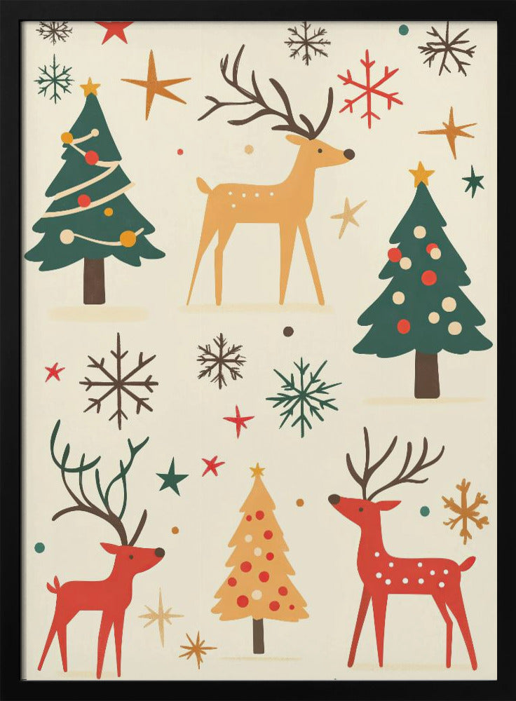 A retro-style holiday illustration featuring stylized red and tan reindeer, green and yellow Christmas trees, and various colorful snowflakes and stars scattered across a cream background. Artwork