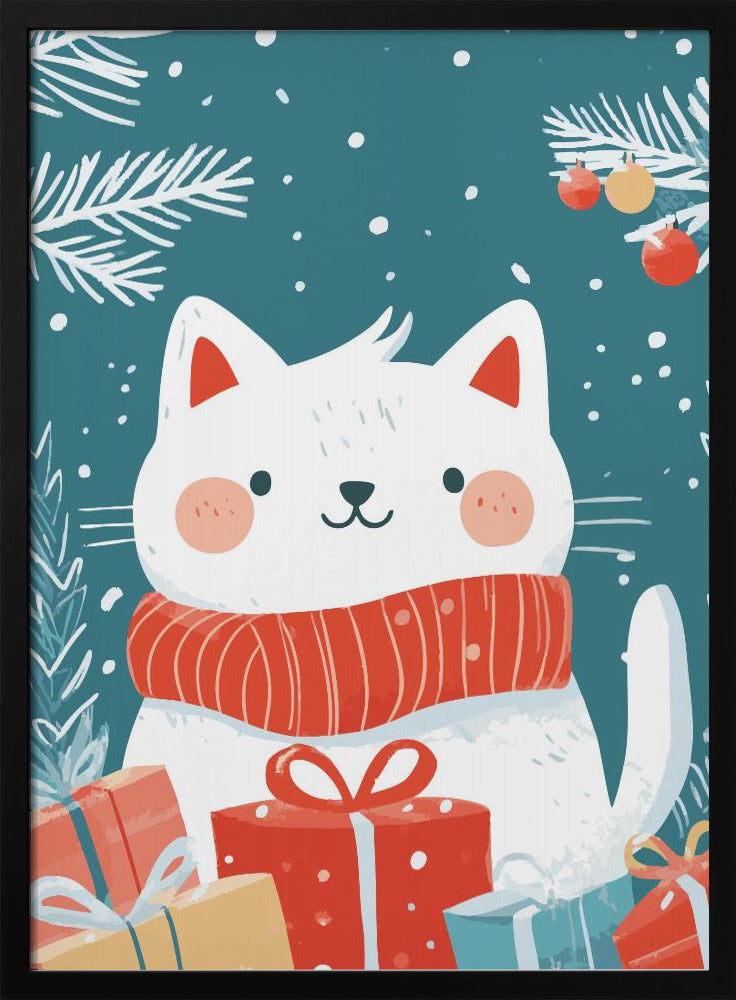 A cute cartoon illustration of a white cat with rosy cheeks wearing a cozy red scarf. The cat is surrounded by colorful wrapped Christmas gifts against a teal blue background with falling snow and white pine branches. Print