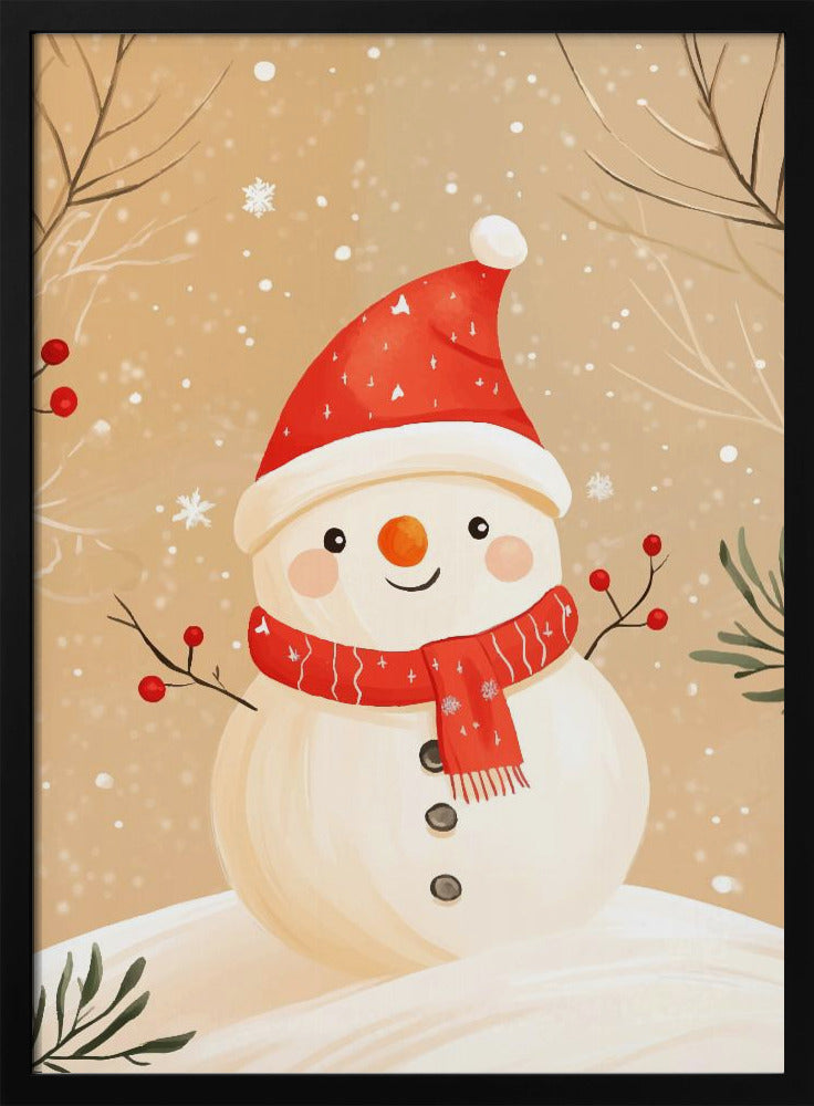 A watercolor-style illustration of a cute, smiling snowman wearing a red Santa hat and a matching red scarf. The snowman has stick arms with red berries, a carrot nose, and is set against a tan background with falling snow and bare branches. Decor