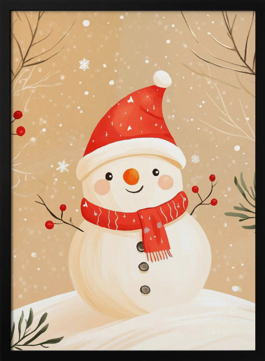 A watercolor-style illustration of a cute, smiling snowman wearing a red Santa hat and a matching red scarf. The snowman has stick arms with red berries, a carrot nose, and is set against a tan background with falling snow and bare branches. Decor