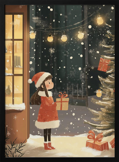 An illustration of a young girl in a red Santa coat and hat holding a gift, standing in the snow at night. She looks at a Christmas tree while snow falls around her, illuminated by string lights and the warm glow from a nearby window. Artwork
