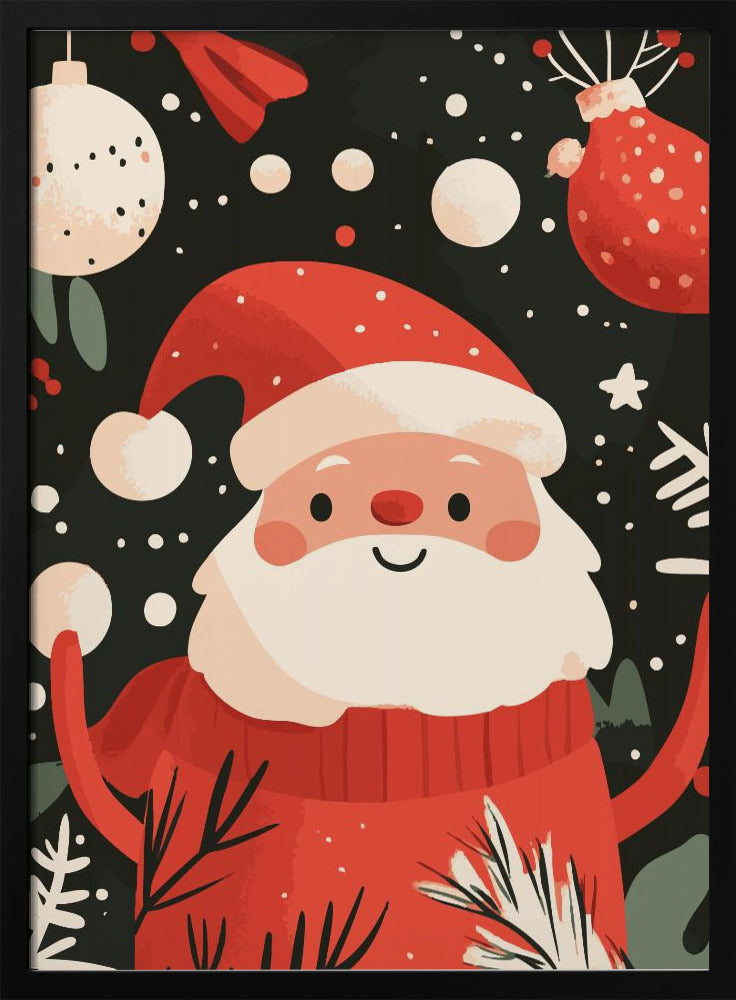 A charming, cartoon-style illustration of a smiling Santa Claus in a red sweater and hat, set against a dark, snowy background with festive ornaments and foliage. Decor