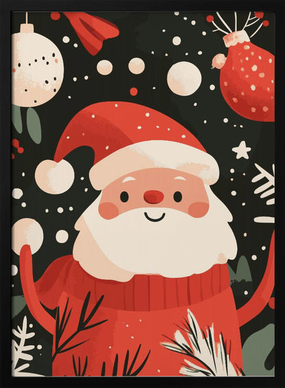 A charming, cartoon-style illustration of a smiling Santa Claus in a red sweater and hat, set against a dark, snowy background with festive ornaments and foliage. Decor