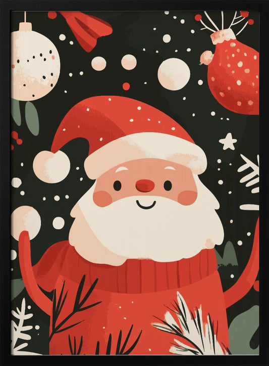 A charming, cartoon-style illustration of a smiling Santa Claus in a red sweater and hat, set against a dark, snowy background with festive ornaments and foliage. Decor