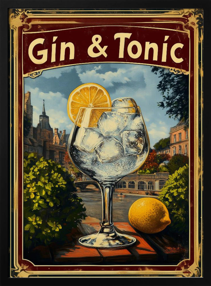 A vintage-style advertisement poster for 'Gin & Tonic'. In the foreground, a large balloon glass filled with ice and a lemon slice sits on a brick ledge overlooking a European cityscape with a river. A whole lemon rests beside the glass. The poster has a decorative red and gold border. Decor
