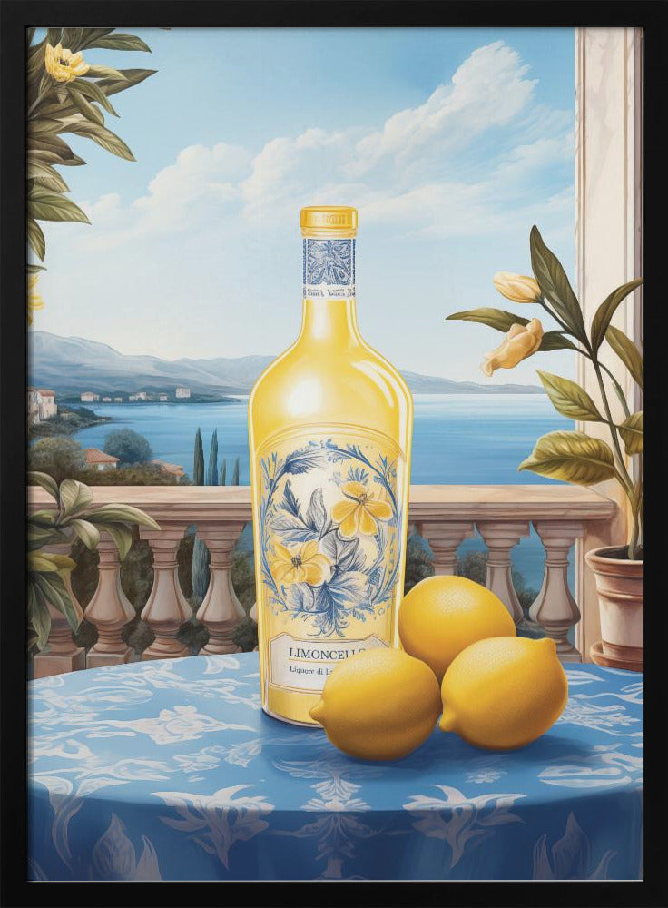 A vintage-style painting of a bottle of limoncello and three fresh lemons on a blue patterned tablecloth. The scene is set on a balcony with a stone balustrade, overlooking a serene blue sea and a picturesque coastal town under a bright sky. Poster