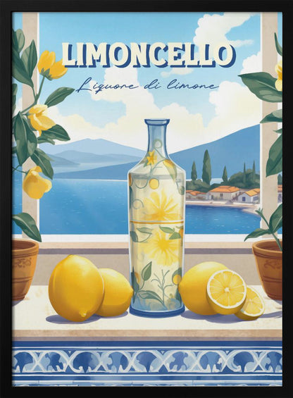 A vintage-style art print advertising Limoncello. A decorative bottle and fresh lemons sit on a tiled ledge overlooking a scenic Italian coastal village and blue sea, framed by lemon branches. Artwork