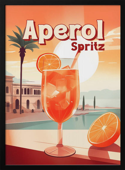 A vintage-style travel poster advertising Aperol Spritz. A large, inviting glass of the bright orange cocktail filled with ice and garnished with an orange slice sits in the foreground. The background features a sunny, idyllic Mediterranean scene with a palm tree, classic buildings, and a serene body of water under a large, pale sun. Wall Art