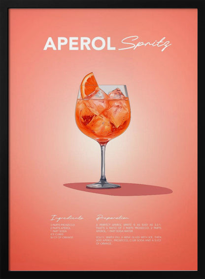 A minimalist art poster for an Aperol Spritz cocktail, featuring a detailed illustration of the vibrant orange drink in a wine glass, garnished with an orange slice. The poster has a salmon-pink background with the recipe's ingredients and preparation instructions at the bottom in a stylized white font. Print