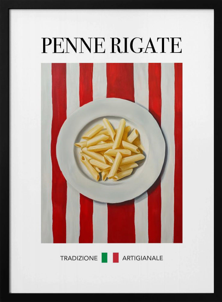 A framed art print featuring a painted illustration of a white plate of penne rigate pasta. The plate is centered on a background of bold red and white vertical stripes. At the top, the words 'PENNE RIGATE' are printed in a black serif font. At the bottom, the Italian words 'TRADIZIONE' and 'ARTIGIANALE' are shown with small green and red squares, evoking the Italian flag. Artwork