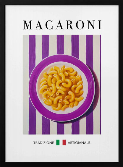 A framed art print of a modern painting depicting a purple plate of macaroni pasta. The plate is centered on a background of bold purple and white vertical stripes. The word 'MACARONI' is written in a large, black serif font at the top. At the bottom, the words 'TRADIZIONE' and 'ARTIGIANALE' are separated by a small Italian flag. Poster