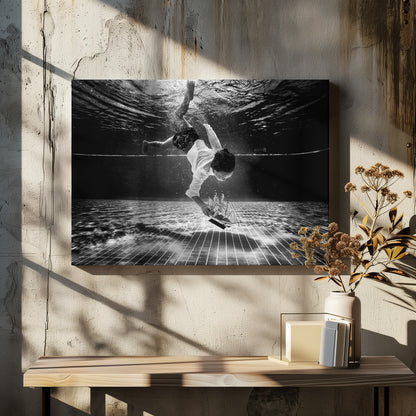 A surreal black and white underwater photograph of a child in a white shirt and shorts diving towards the bottom of a tiled pool to retrieve a miniature model of a sailing ship. Artwork