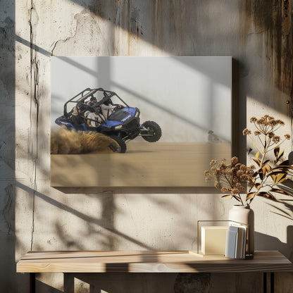 A framed action shot of a blue dune buggy with several passengers making a sharp turn in the desert, kicking up a large cloud of sand and lifting its front wheel off the ground. Wall Art