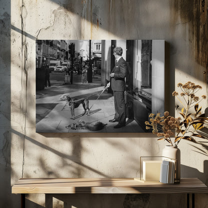 A black and white street photograph of a well-dressed man in a suit standing on a city sidewalk outside a storefront. He holds the leashes for two dogs; one is standing alert, and the other is lying on its back on the pavement. The background is a busy city street with traffic and pedestrians. Print