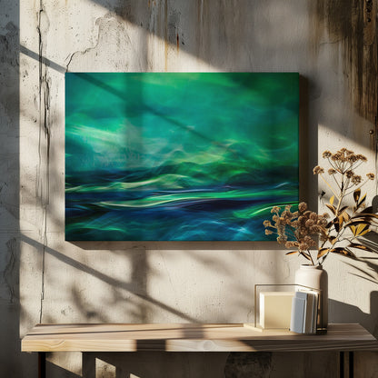 A framed abstract artwork featuring a luminous, dreamlike landscape of swirling green and blue light. The top half glows with a vibrant green haze like the northern lights, while the bottom half depicts dark blue and green waves with bright, energetic highlights, creating a sense of mystical water and sky. Wall Art