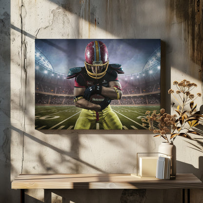 A framed poster of a determined football player in a red and yellow uniform standing on a field in a packed stadium. He is holding a football close to his chest with his head bowed, under bright stadium lights. Decor