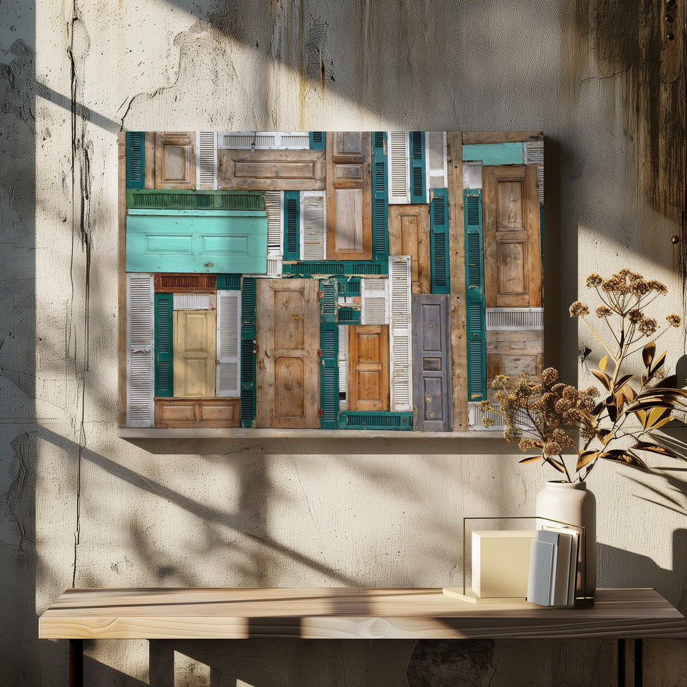 A framed art piece featuring a chaotic collage of various old, weathered wooden doors and window shutters arranged in a dense patchwork, showcasing a rustic texture and colors like natural wood, teal, green, and distressed white. Wall Art