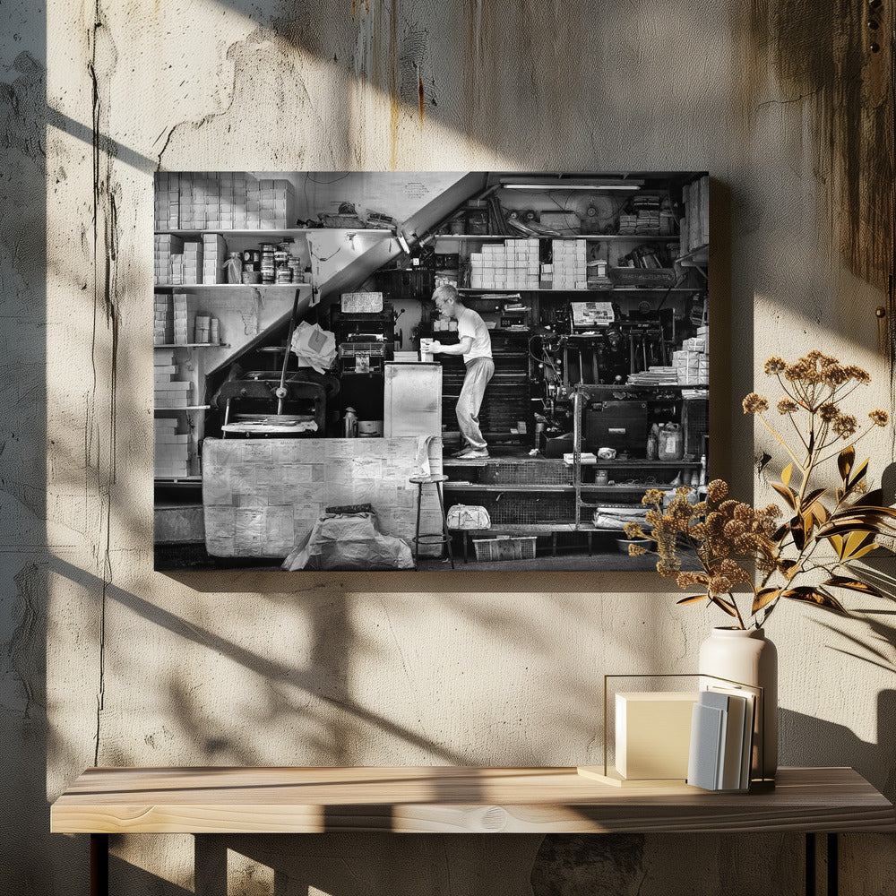 A vintage art print depicting a small, old-fashioned printing shop interior, showcasing antique machinery and a nostalgic atmosphere. Artwork