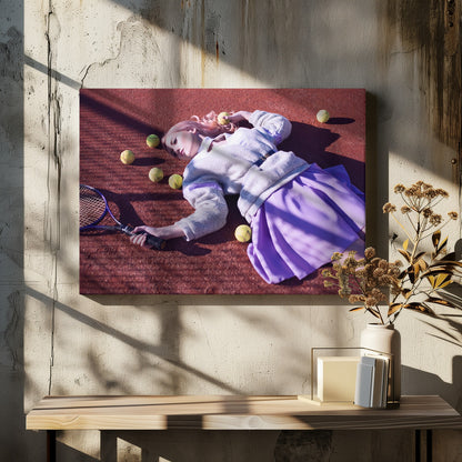 A high-angle shot of a young woman with pink hair lying on a red clay tennis court, surrounded by yellow tennis balls. She wears a grey sweater, a white collared shirt, and a purple pleated skirt, and holds a tennis racket in one hand. The scene is framed with a silver border. Wall Art
