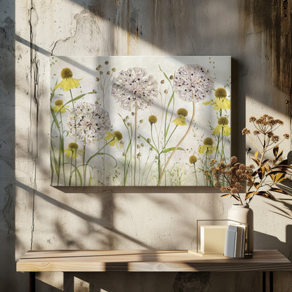 A framed botanical artwork featuring a delicate arrangement of pressed and dried flowers. Large, spherical white allium seed heads stand tall among numerous yellow coneflowers with prominent centers. Slender green stems and leaves fill the composition against a soft, light-textured background, creating a serene, natural scene. Decor