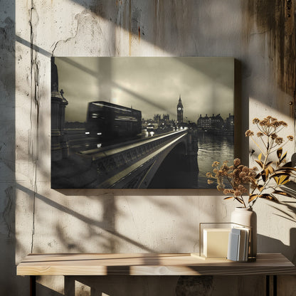 A framed, sepia-toned long-exposure photograph of London. A double-decker bus is shown in motion blur as it crosses Westminster Bridge. In the background, the Big Ben clock tower and the Houses of Parliament are visible against a cloudy sky, with lights reflecting on the wet road and the River Thames. Wall Art