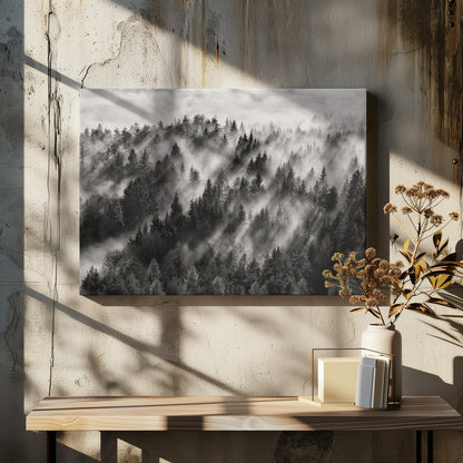 A dramatic black and white photograph of a dense hillside forest shrouded in thick fog. Beams of sunlight pierce through the mist, creating strong light rays across the landscape, all enclosed within a silver frame. Artwork